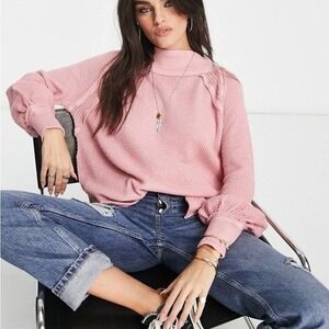 We The Free People Sweater Womens Small Pink Waffle Knit MockNeck Tunic Pullover